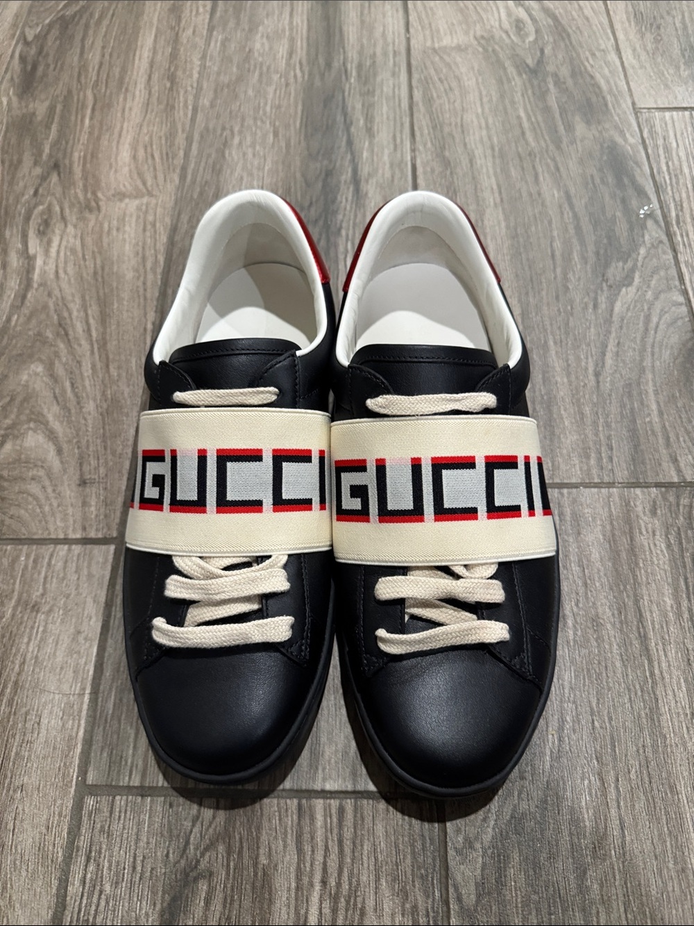 Gucci Ace Logo Strap Sneakers Black Leather Low Top Shoes Men’s 5.5